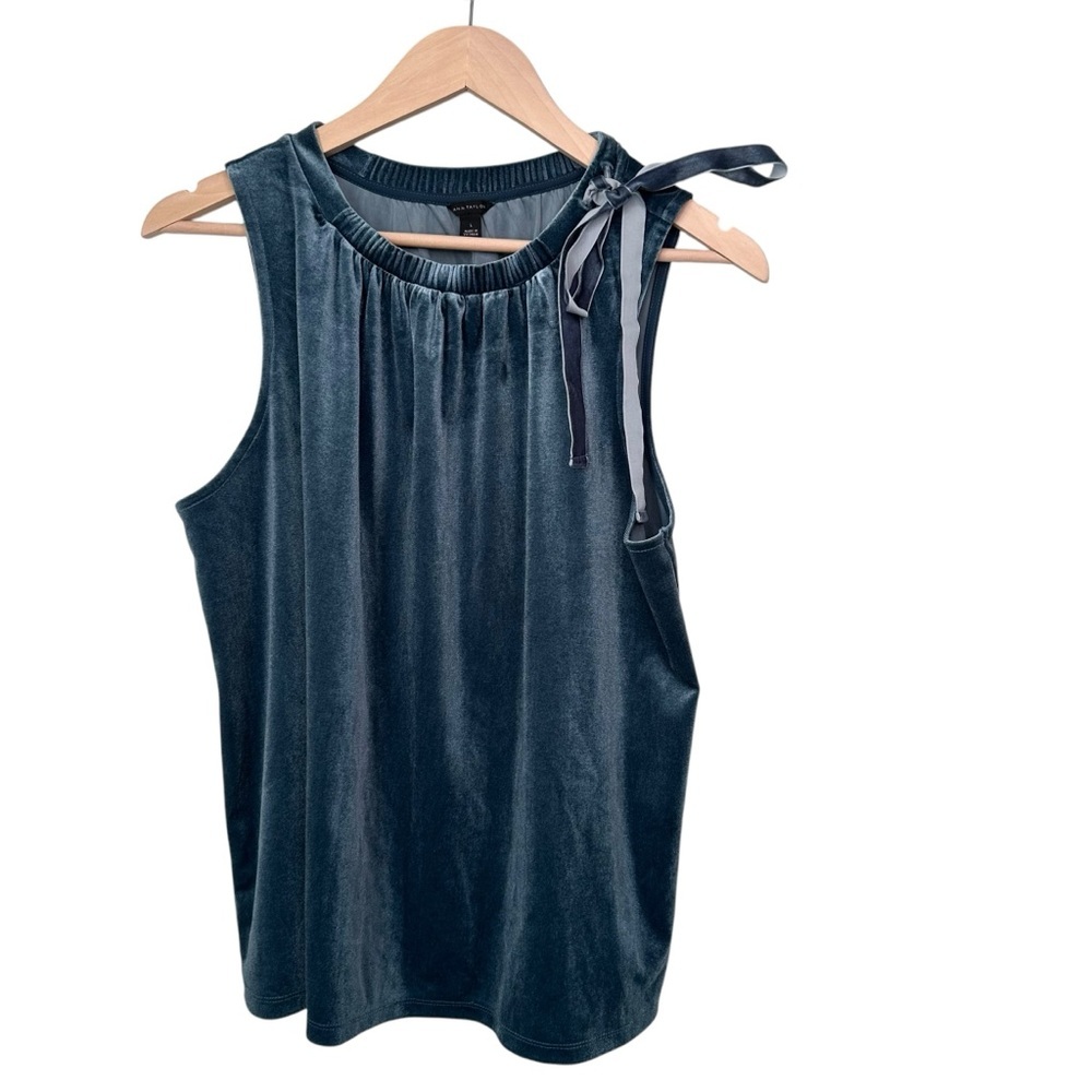 Ann Taylor Teal Blue Sleeveless Velvet Blouse With Shoulder Bow Tie Size L